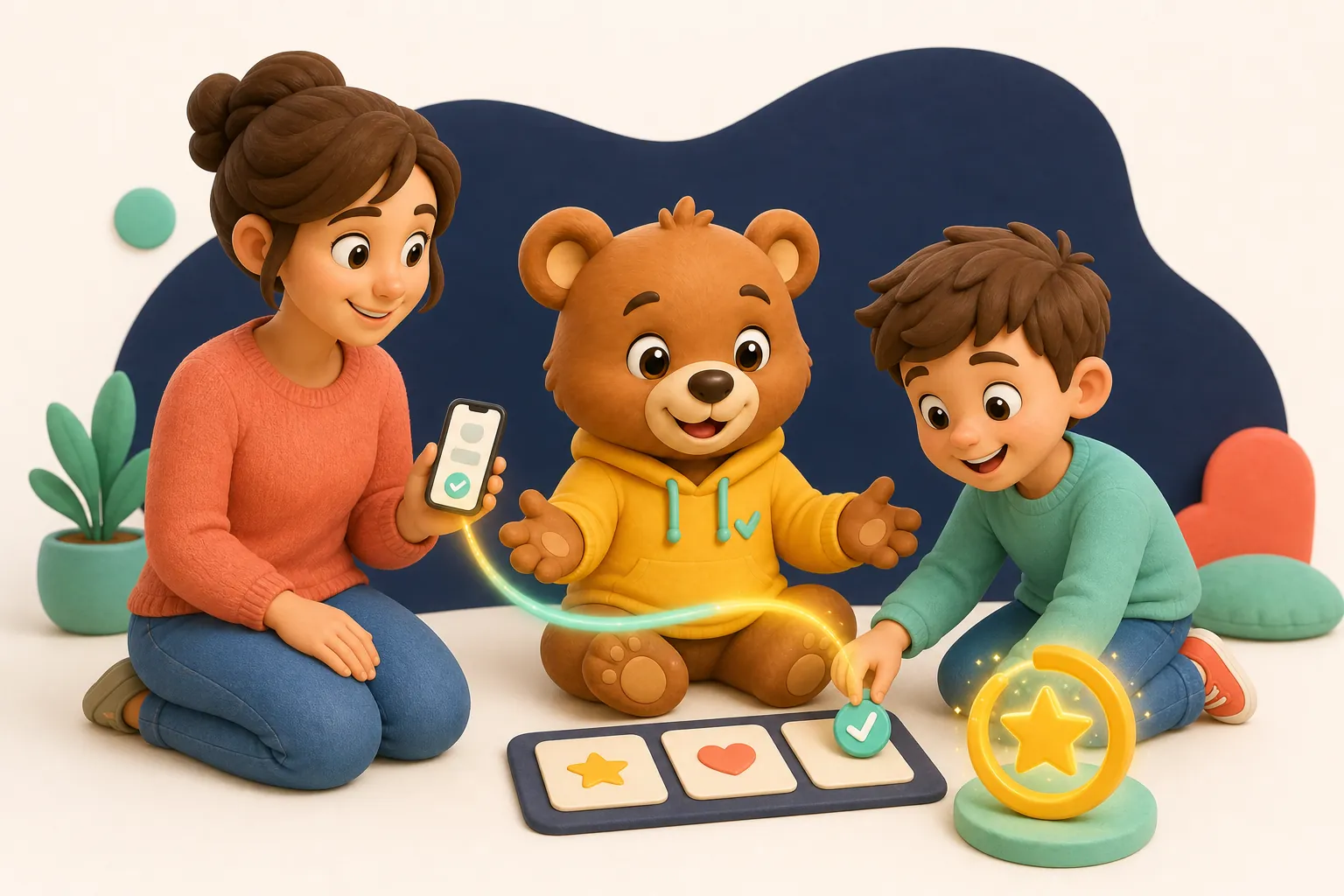 Родитель и ребёнок используют Motikids для семейных задач вместе с Мотей
